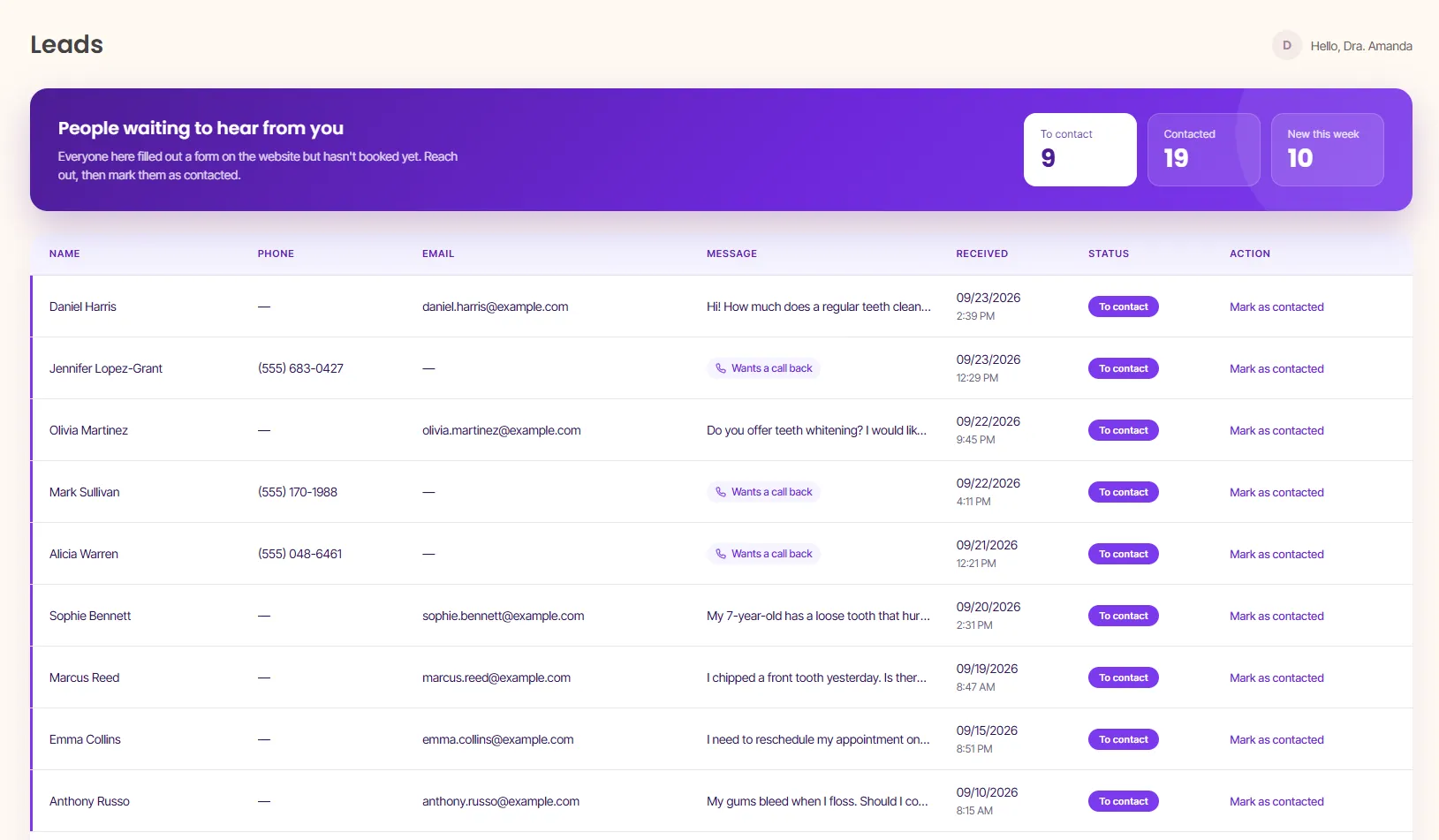 Lead list with "to contact" and "contacted" statuses