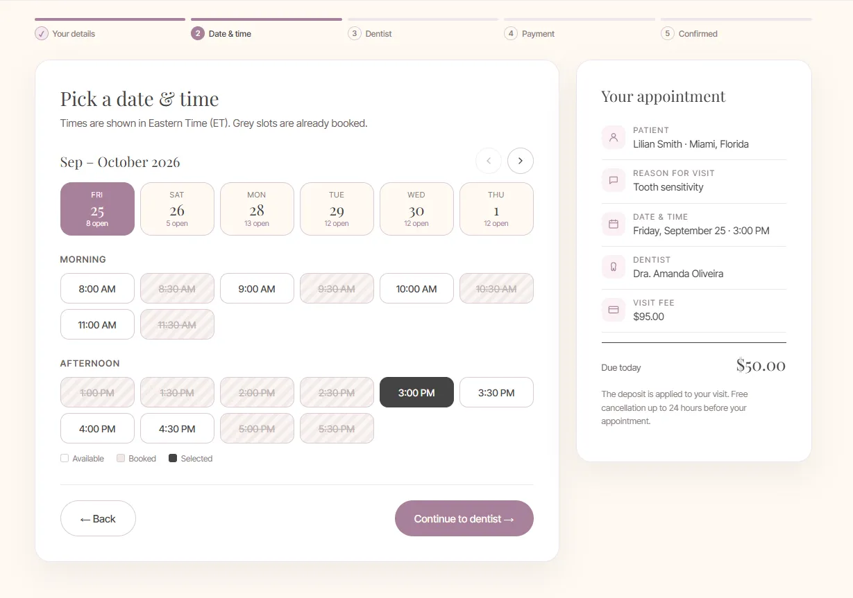 Date and time selection screen